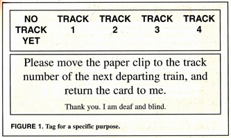 FIGURE 1. Tag for a specific purpose. 
Along the top of the card are columns saying 'NO TRACK YET; TRACK 1; TRACK 2; TRACK 3; 
TRACK 4.'  Below the columns are instructions saying 'Please move the paper clip to the track 
number of the next departing train, and 
return the card to me. 

Thank you. I am deaf and blind.'


